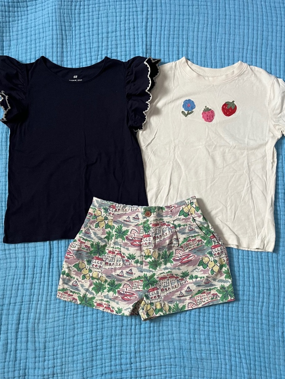 Mini Boden Girls Riviera Lemon Amalfi Shorts & 2x Tops Navy Ruffle Embroidered